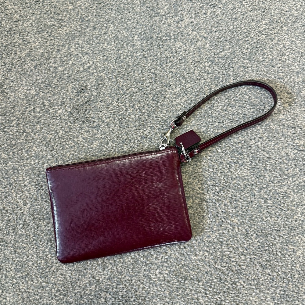 Coach Burgundy Leather Bow Accent Wristlet Bag Zip Closure Silver Hardware Women - Picture 2 of 4